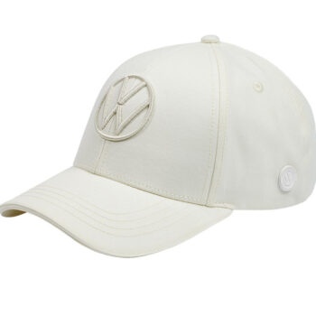 Beige baseball cap with a circular embroidered logo on the front panel and a small side badge.