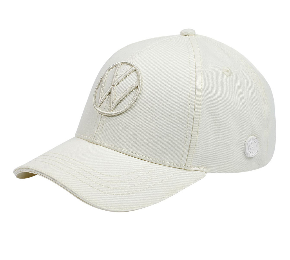0087796 - Baschnagel Webshop Beige baseball cap with a circular embroidered logo on the front panel and a small side badge.