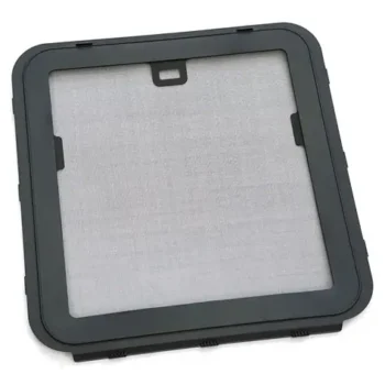 Square air filter with a dark gray frame and light gray filtering material inside