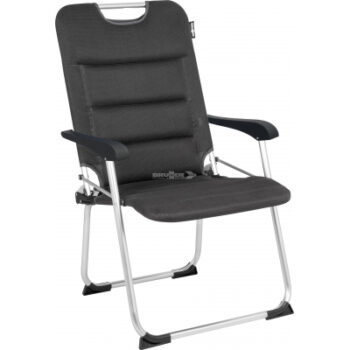 Black fabric visitor chair with padded back and seat, metal cantilever frame and armrests resembling a conference chair.