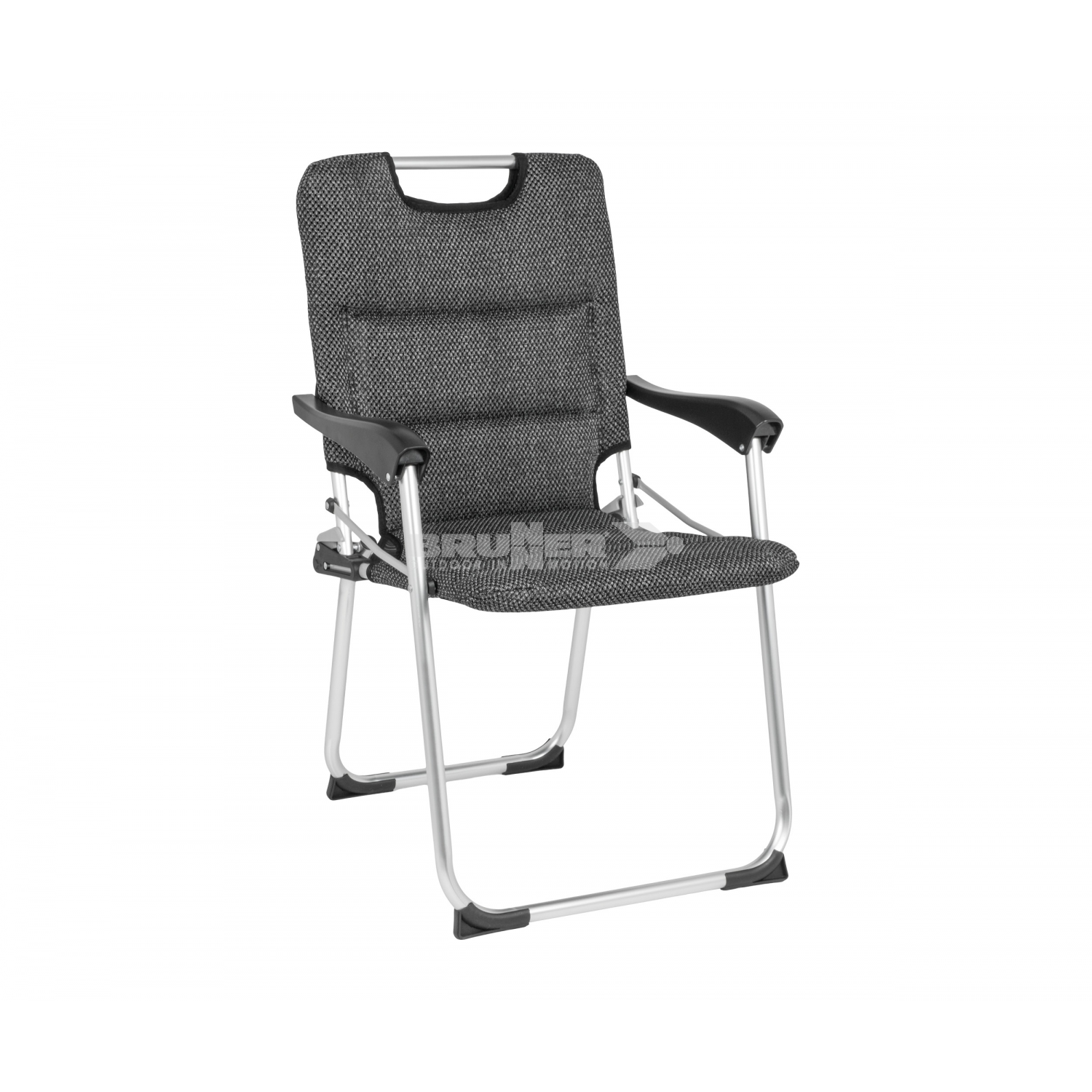 sangria-van - Baschnagel Webshop Grey fabric padded folding chair with black armrests and a silver metal frame
